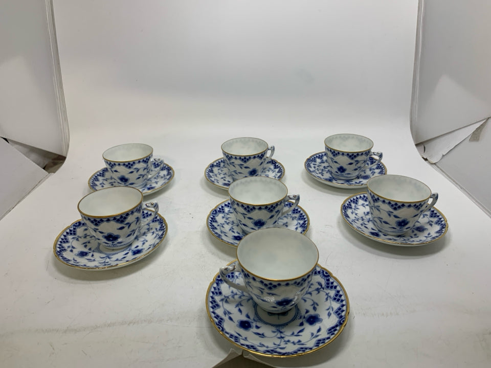 14PC SVC 7 BING & GRONDAHL BLUE BUTTERFLY DICKENS PORCELAIN TEACUP/ SAUCER.
