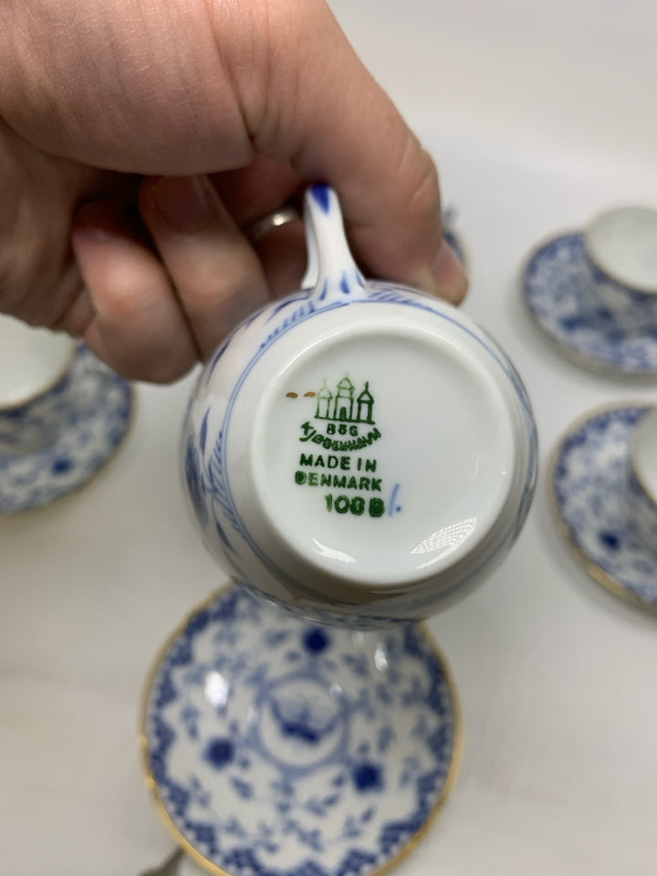 14PC SVC 7 BING & GRONDAHL BLUE BUTTERFLY DICKENS PORCELAIN TEACUP/ SAUCER.