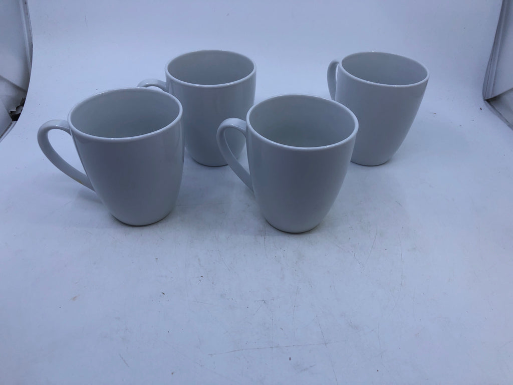 4 WHITE CERAMIC COFFEE MUGS.