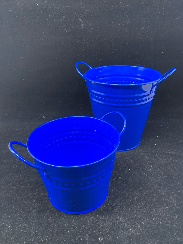 2 BLUE METAL BUCKETS W/HANDLES.