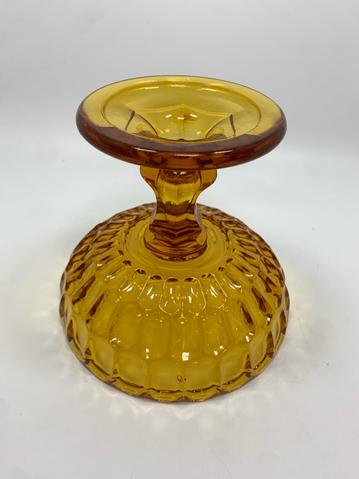 VTG AMBER GLASS FOOTED CANDY DISH.