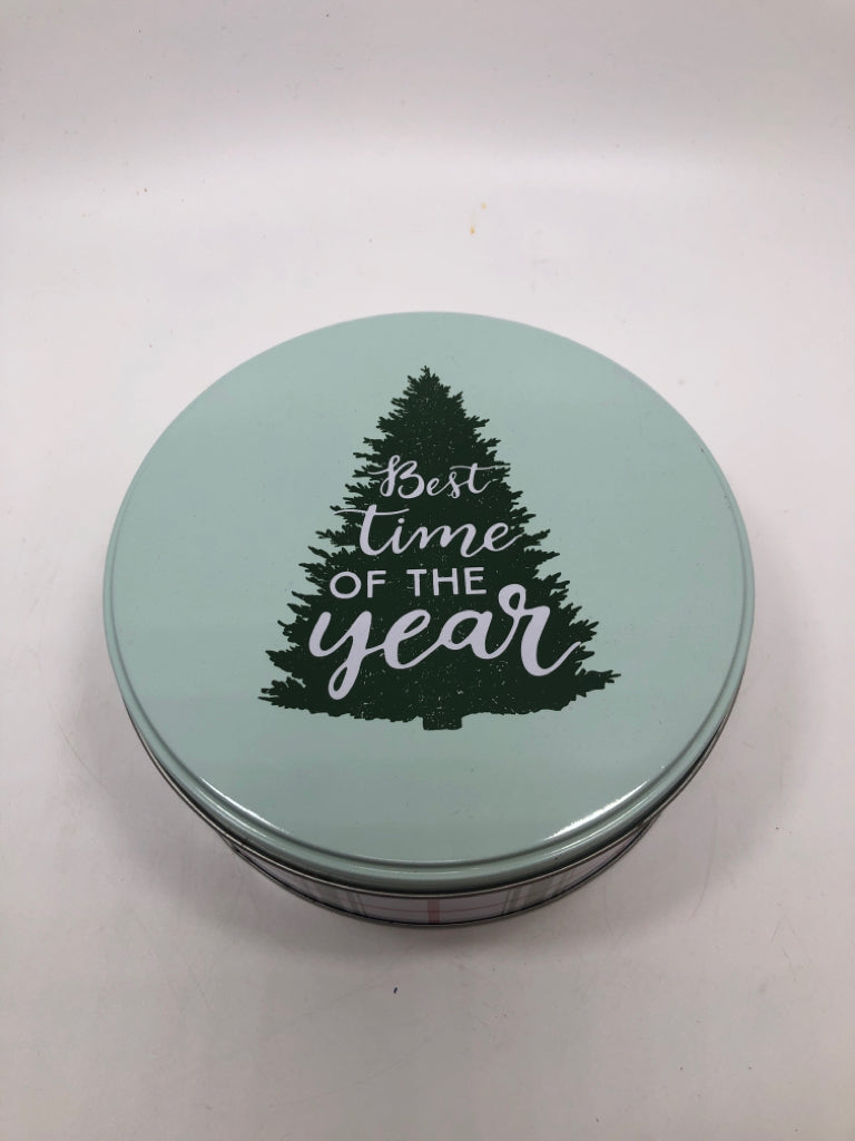 ROUND BLUE TIN CHRISTMAS TREE "BEST TIME OF YEAR".