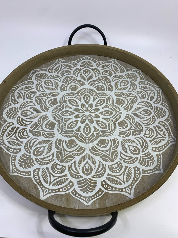 WOODEN MANDALA TRAY W/METAL HANDLES.