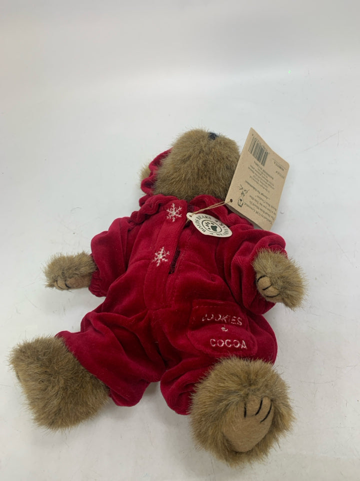 BROWN BOYDS BEAR IN RED VELOUR SNOWFLAKE JUMPSUIT.