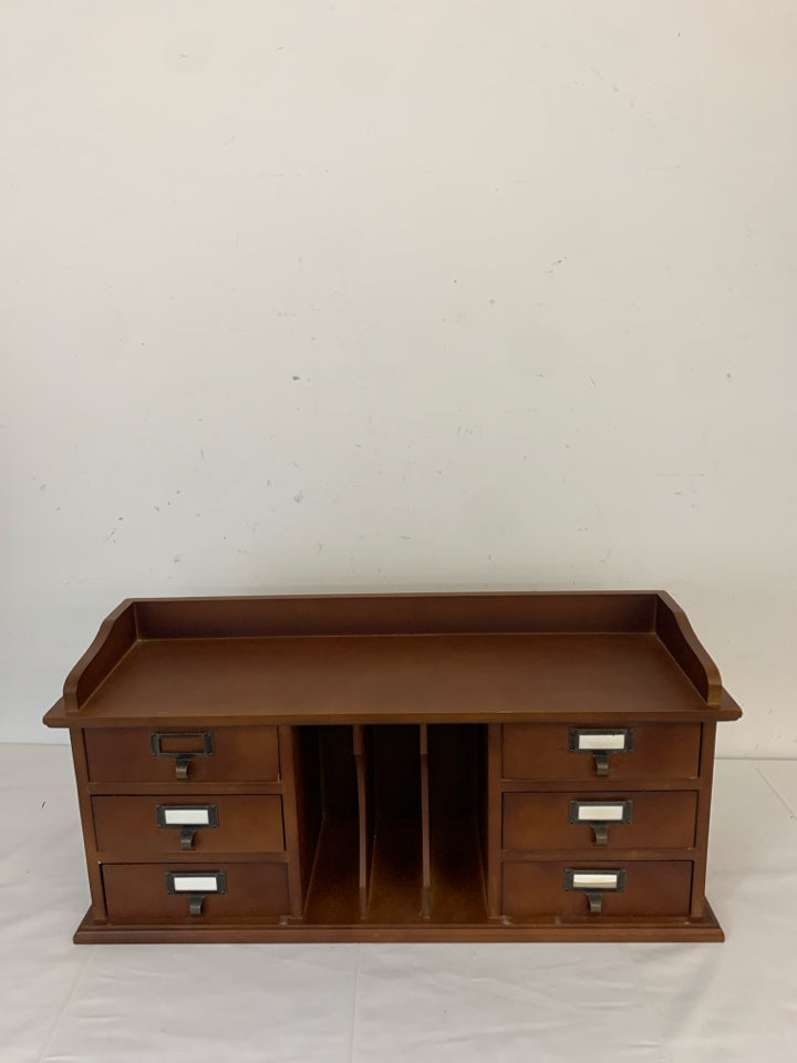 WOODEN DESK ORGANIZER WITH DRAWERS.