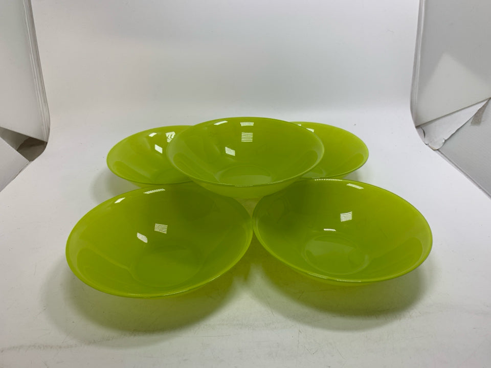 5 VTG LIME GREEN GLASS CEREAL BOWLS ARC FRANCE.