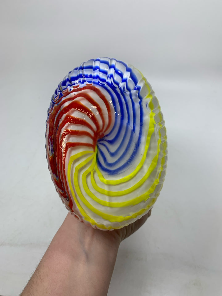 BLOWN GLASS COLORFUL STRIPED PURSE VASE.