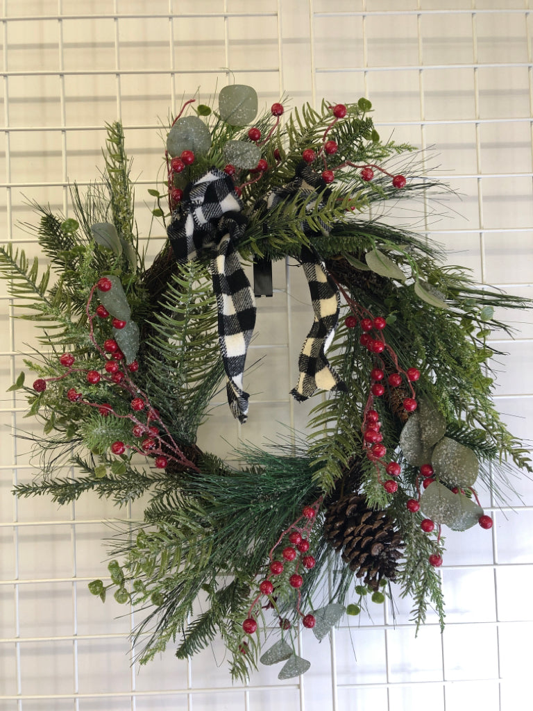 FROSTED WREATH W PINECONES.