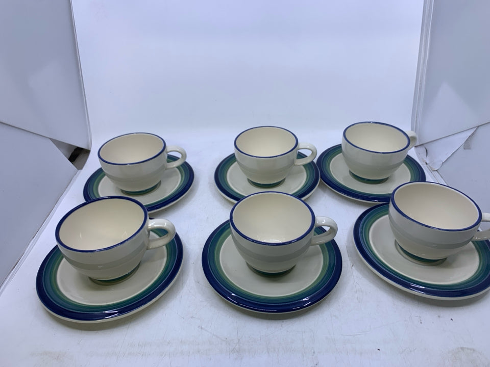 12 PC SVC 6 BLUE,GREEN RIM TEACUPS.