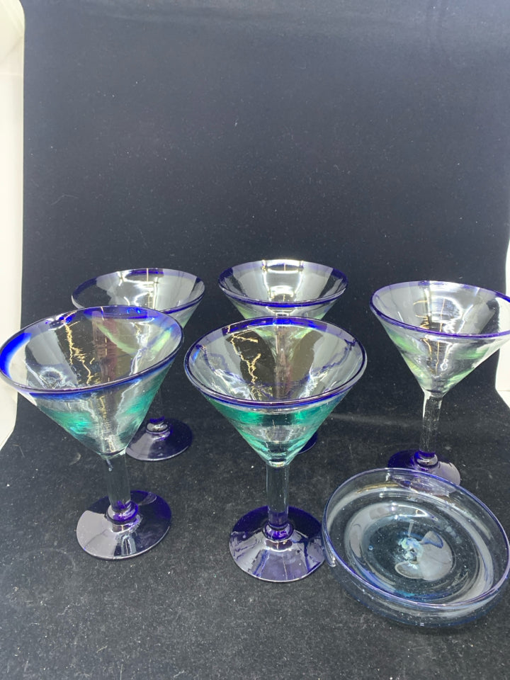 6PC BLOWN GLASS 5 MARGARITA GLASS AND A SALT RIM BOWL.
