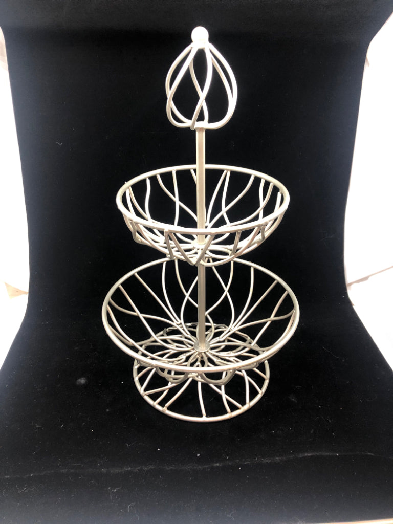 2-TIER GRAY METAL FRUIT BASKET.
