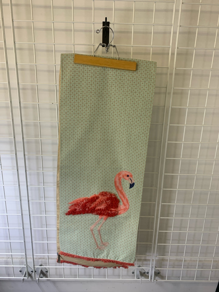 EMBOSSED FLAMINGO TABLE RUNNER W/ TEAL CIRCLES.