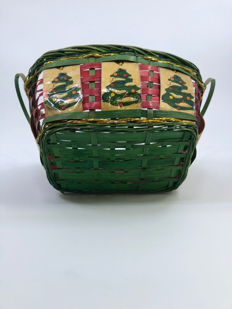 RED & GREEN WICKER BASKET W/CHRISTMAS TREES.