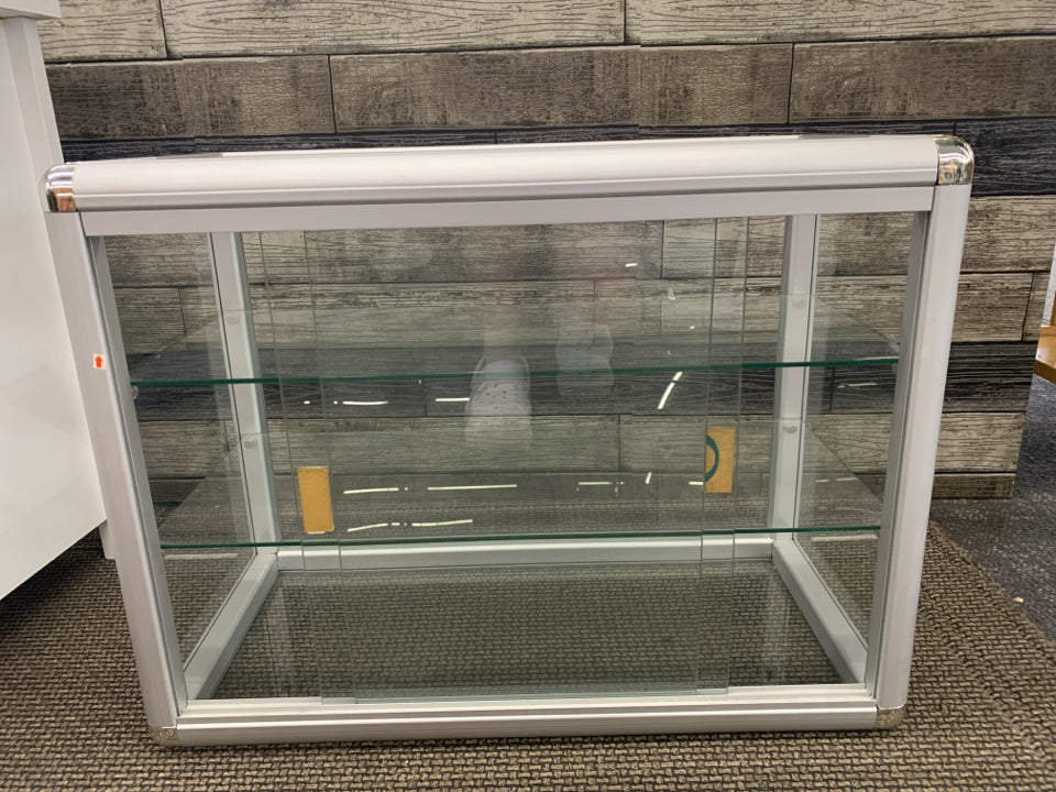 GLASS DISPLAY CASE- SLIDING DOORS, 2 SHELVES.