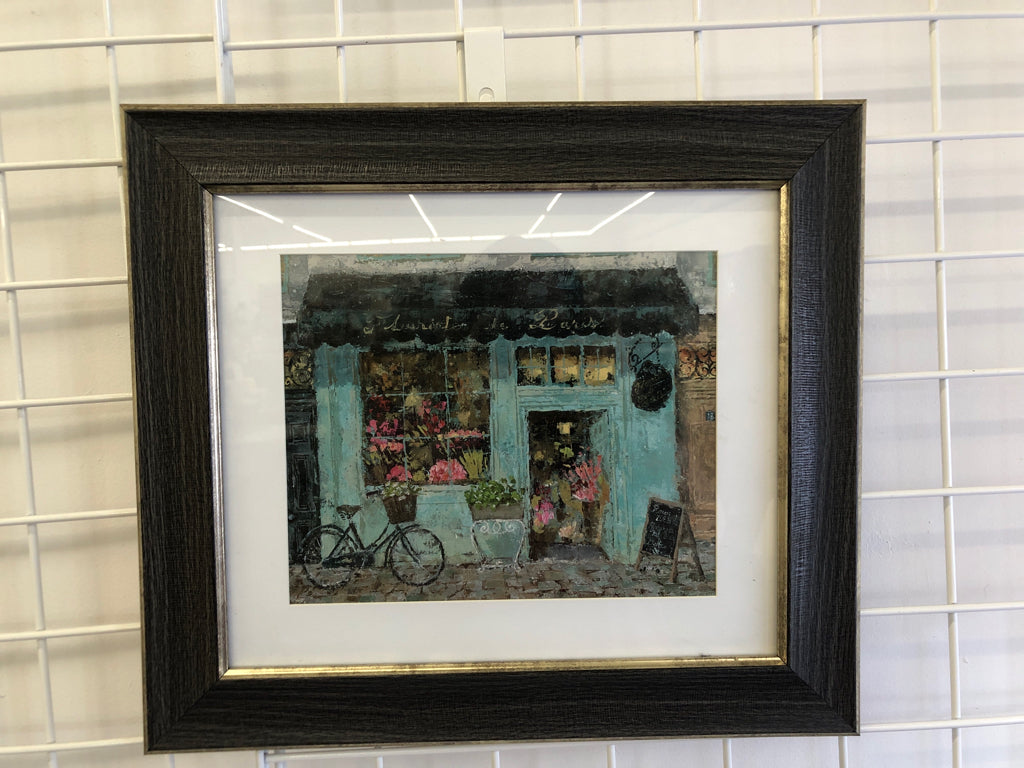 TEAL FLOWER SHOP W/ BIKE WALL ART.