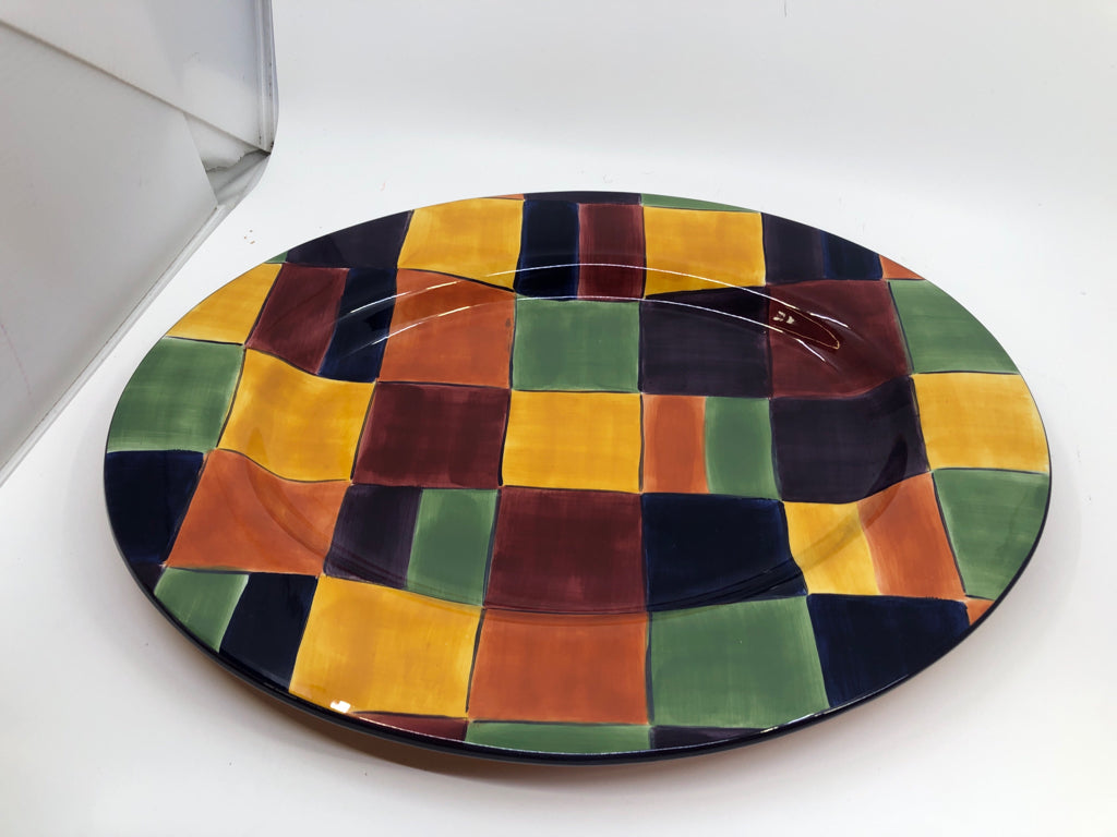 RED AND PURPLE CHECKERED OVAL PLATTER.