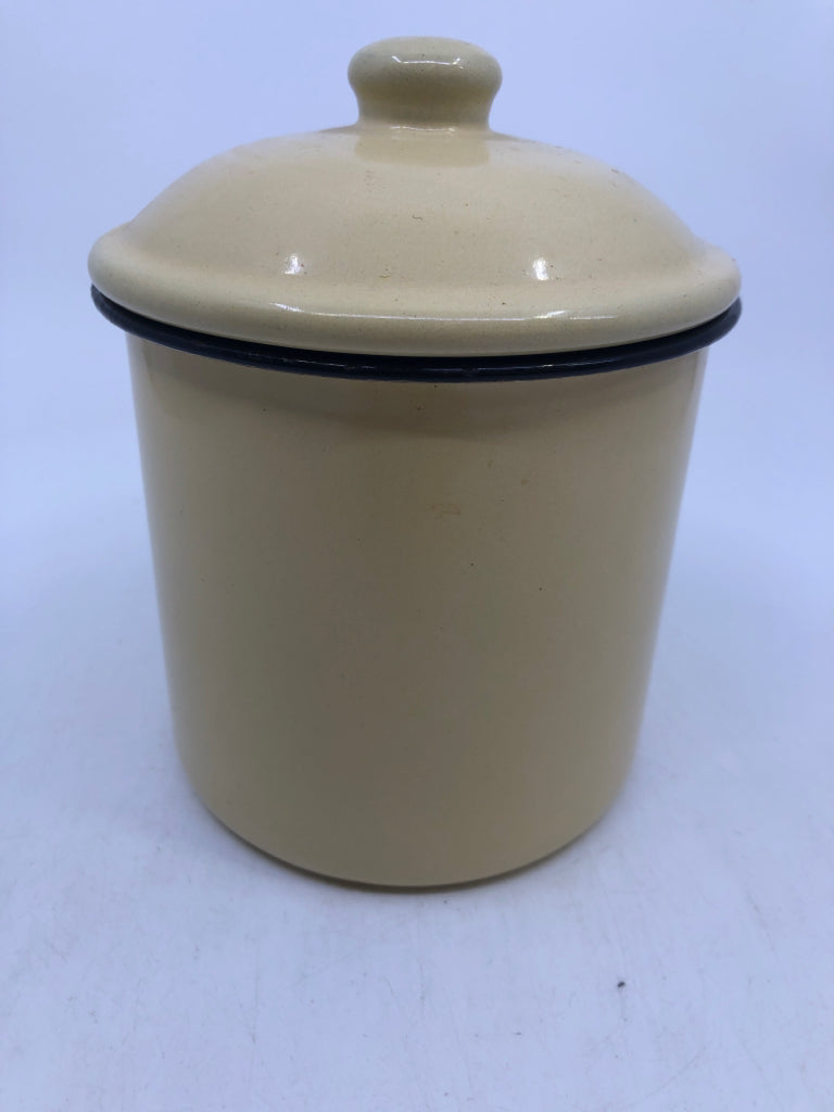 CREAM METAL CANISTER W/ QUATRE PARIS PRINTED.