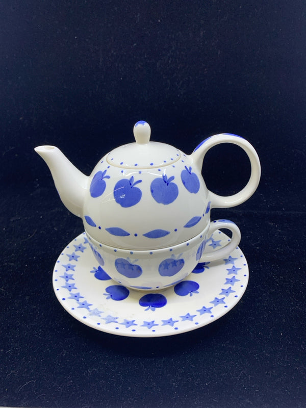3 PC TEA FOR ONE BLUE APPLES TEA POT, CUP AND PLATE.