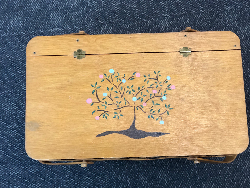 TREE PAINTED WOVEN PICNIC BASKET W/FLIP LID AND HANDLES.