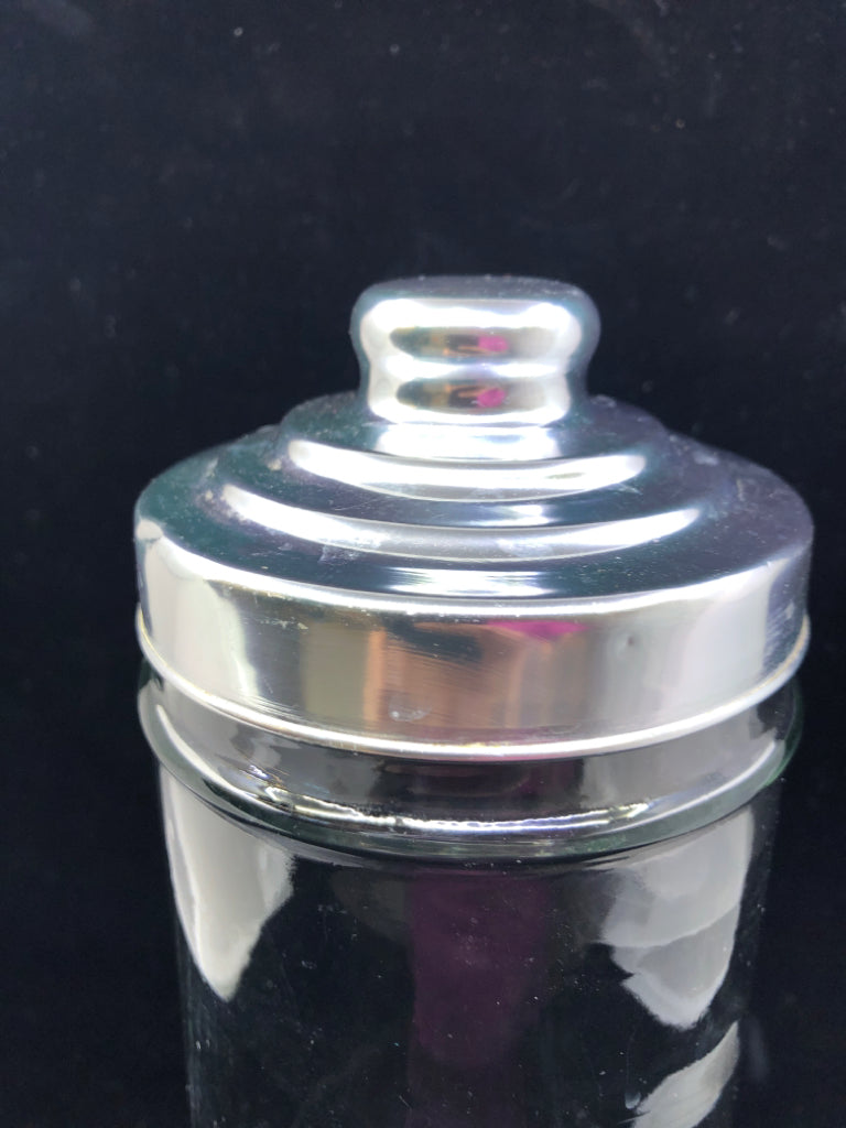 TALL CLEAR GLASS TEA CANISTER W SILVER LID.