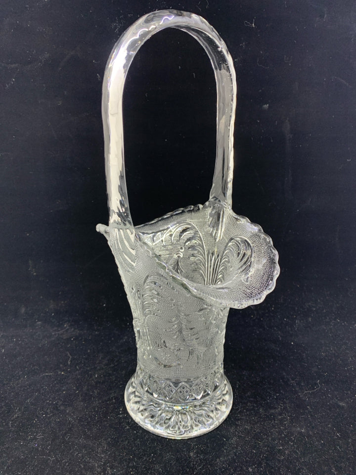 FLORAL/FEATHER PATTERN GLASS BASKET.