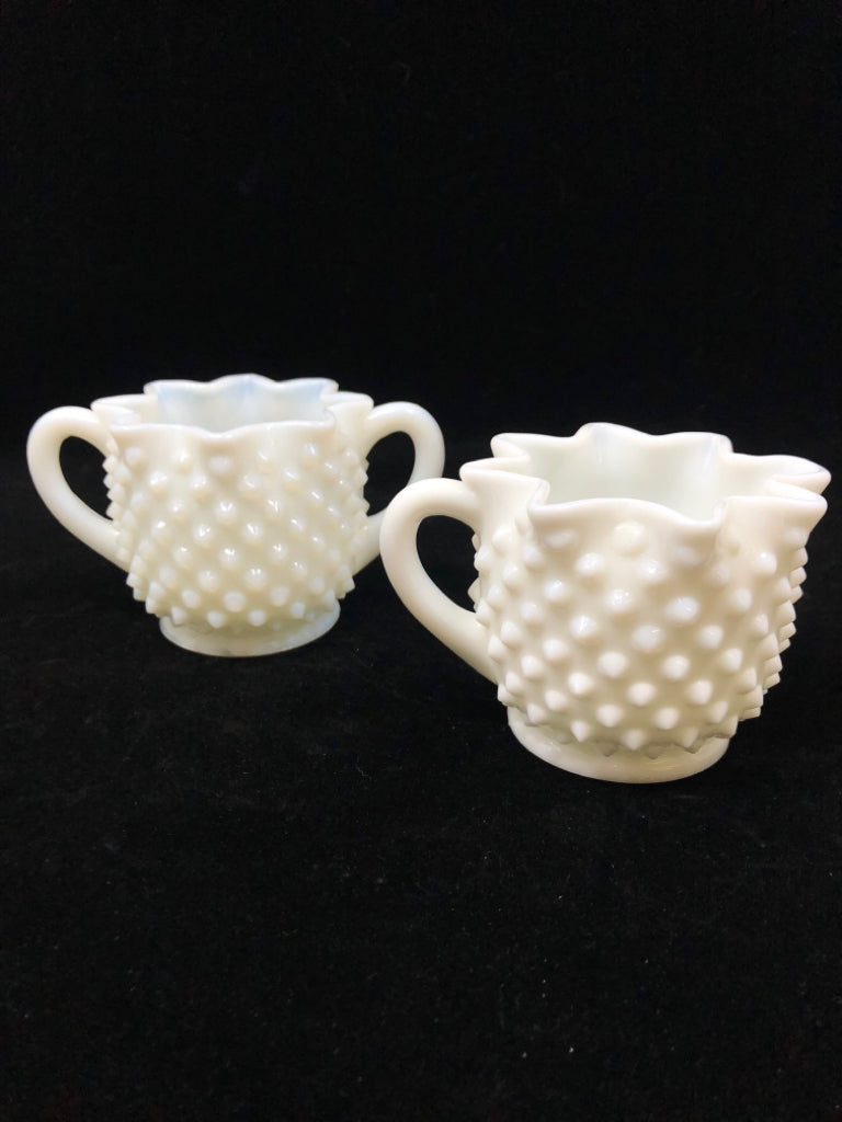 VTG HOBNAIL MILK GLASS SUGAR AND CREAMER SET.