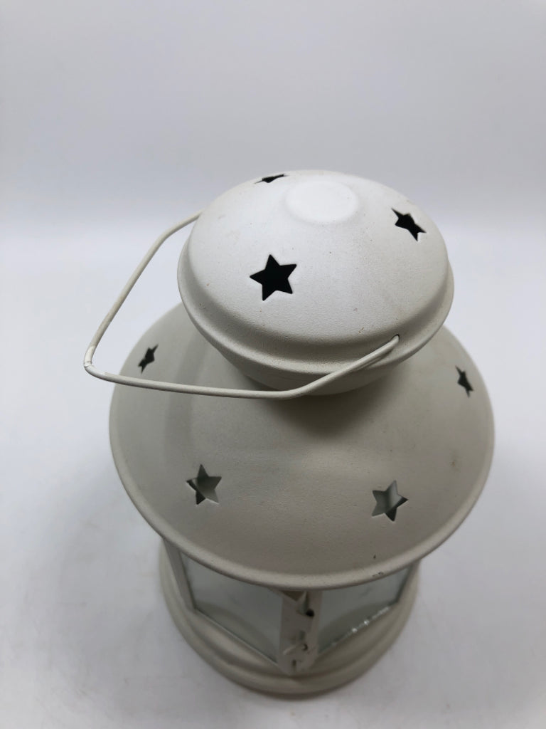 WHITE CANDLE LANTERN W/STAR-CUT OUTS.