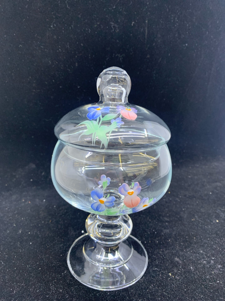 FLORAL PAINTED GLASS CANDY DISH WITH LID.