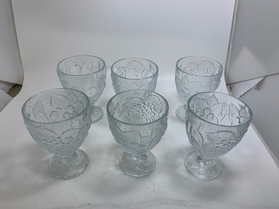 6 HEAVY FRUIT EMBOSSED PRESSED GLASS GOBLETS.