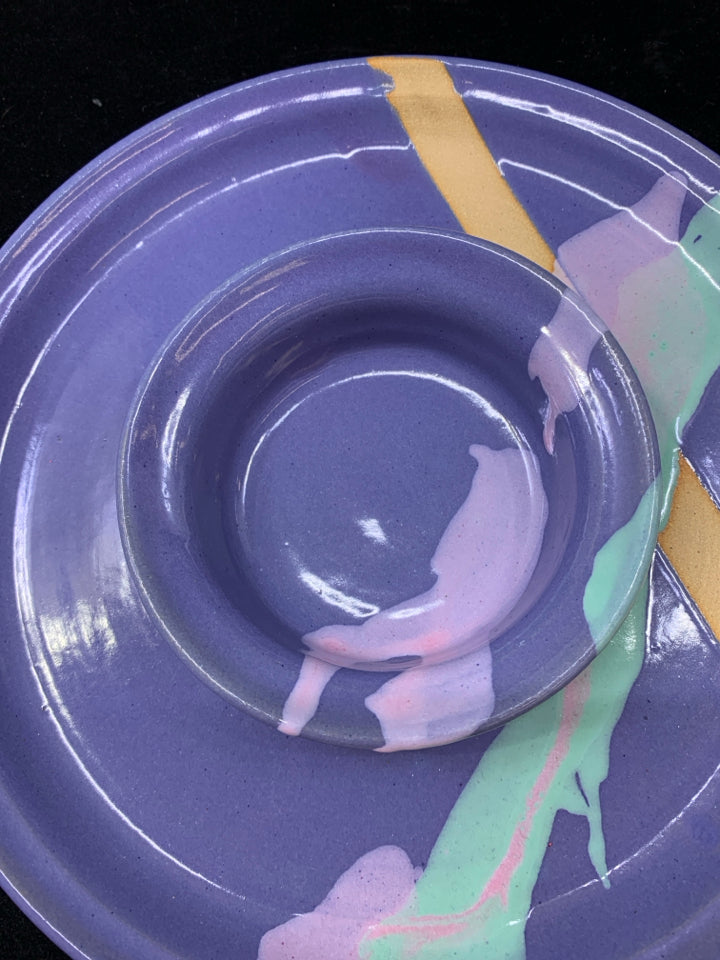 PURPLE POTTERY CHIP DIP SERVER.