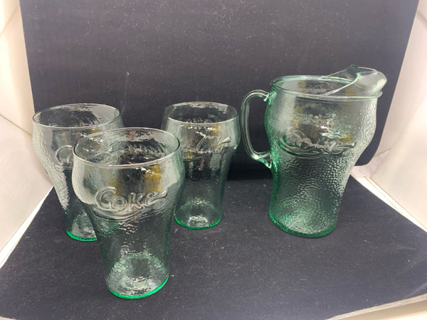 4 PC TEXTURED GLASS COCA COLA SERVING SET- 3 CUPS, 1 PITCHER.