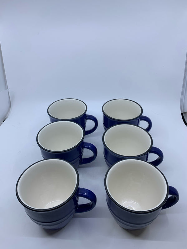 6 DARK BLUE MUGS W BLACK RIM.