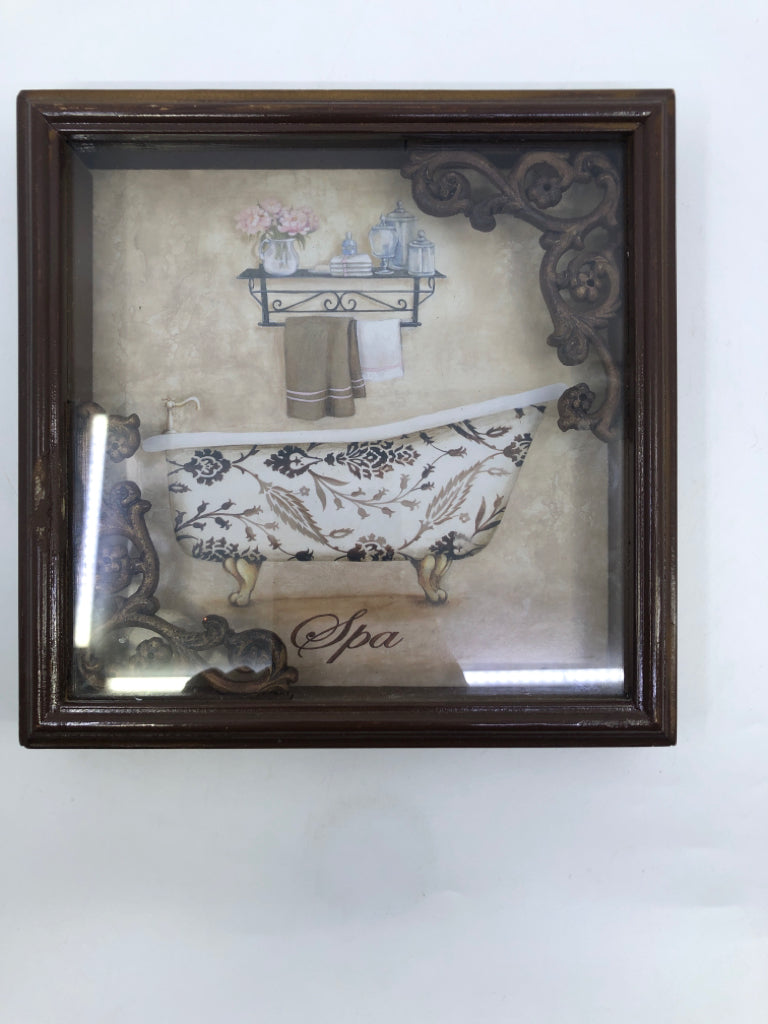 SMALL DARK WOOD SPA BATHTUB SHADOW BOX WALL ART.