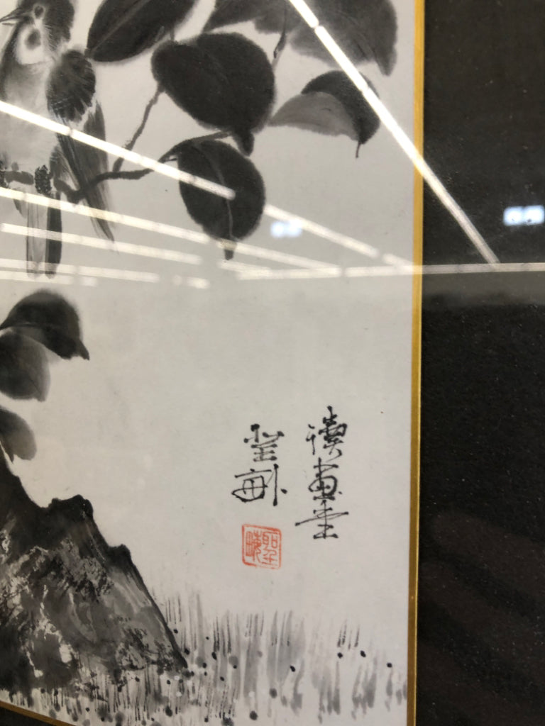 2 BIRDS ON FLOWER BRANCH WATERCOLOR IN GOLD FRAME.