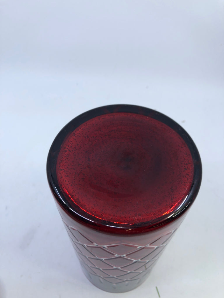 RED/ SILVER MERCURY GLASS CANDLE HOLDER.
