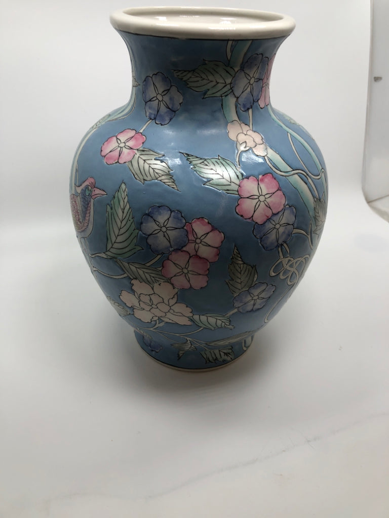BLUE CERAMIC VASE W/PAINTED BIRDS AND FLOWERS.