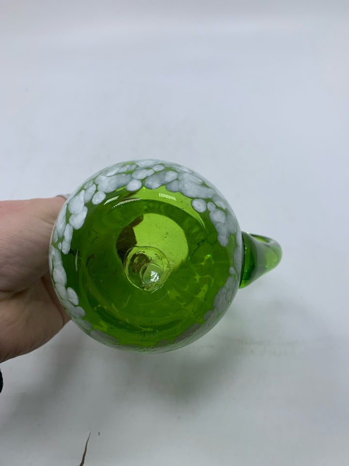 BLOWN GLASS GREEN W/ WHITE SPECKLES PITCHER.