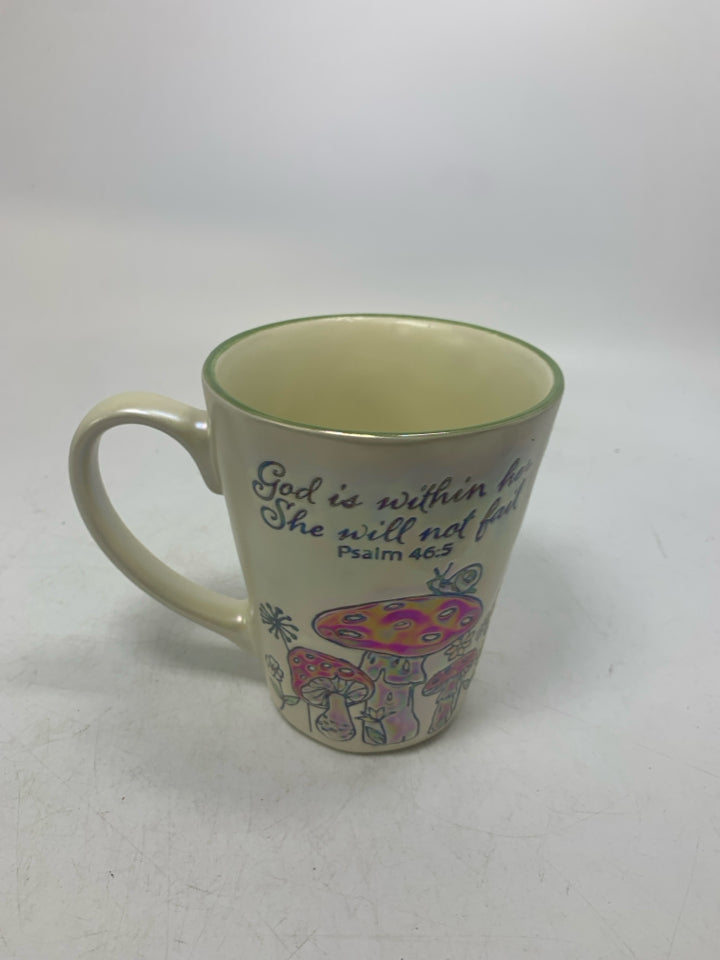 BIBLE VERSE W/ MUSHROOMS MUG.