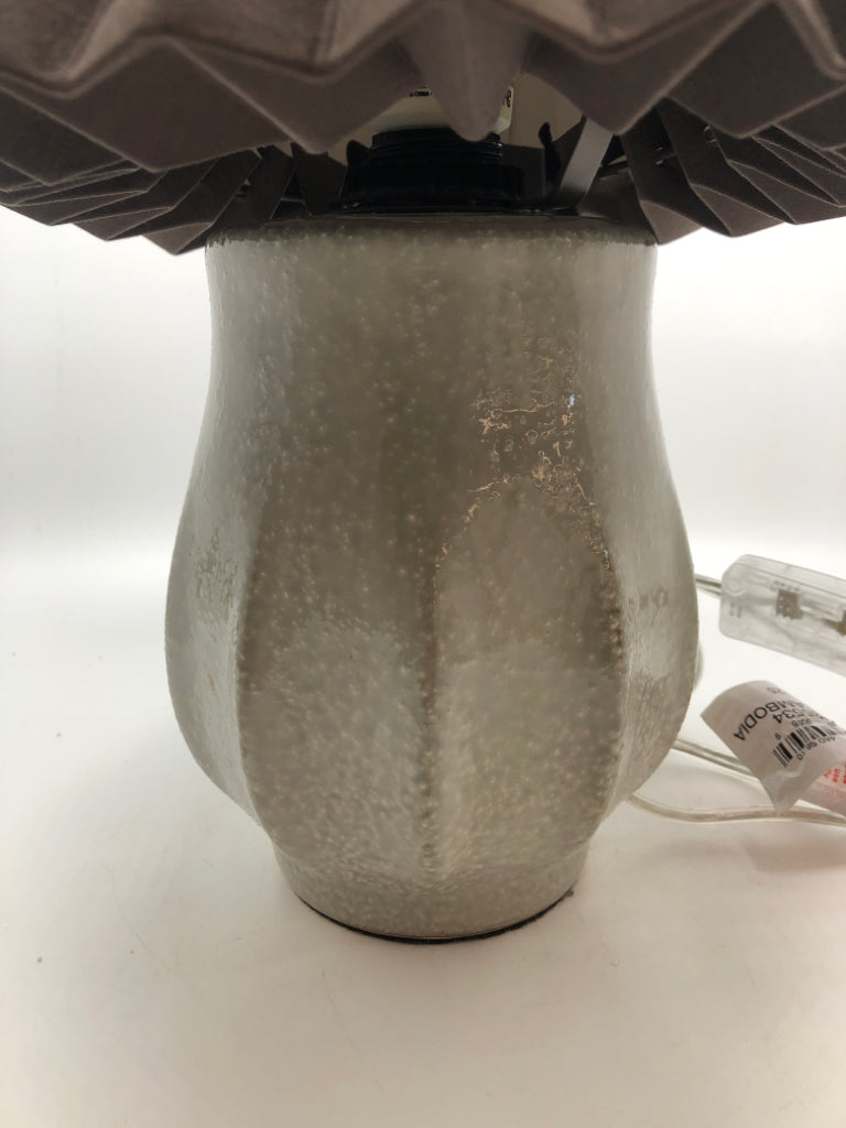 LIGHT GREY CERAMIC BASE W/ BROWN RUFFLED SHADE.