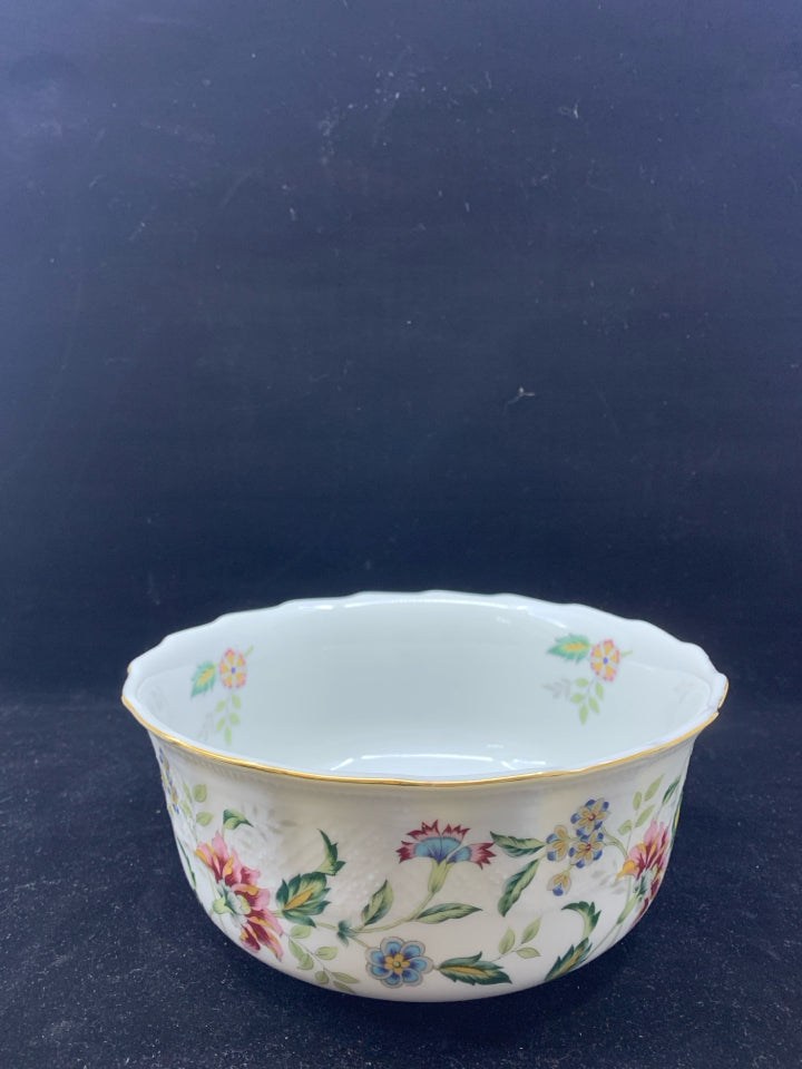 PINK AND BLUE FLORAL BOWL W WAVY RIM.