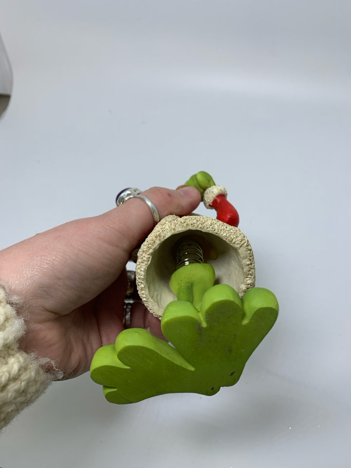 RESIN FROG IN SANTA SUIT HOLDING COOKIES BOBBLE HEAD.