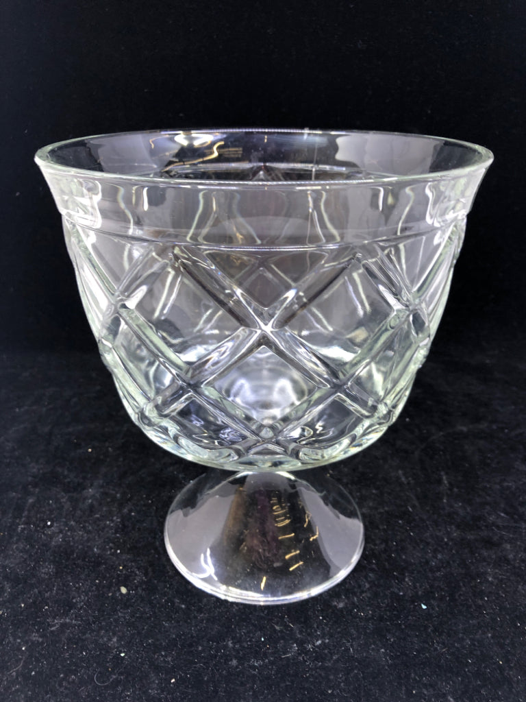 GLASS TRIFLE DISH W/ EMBOSSED X DETAIL.