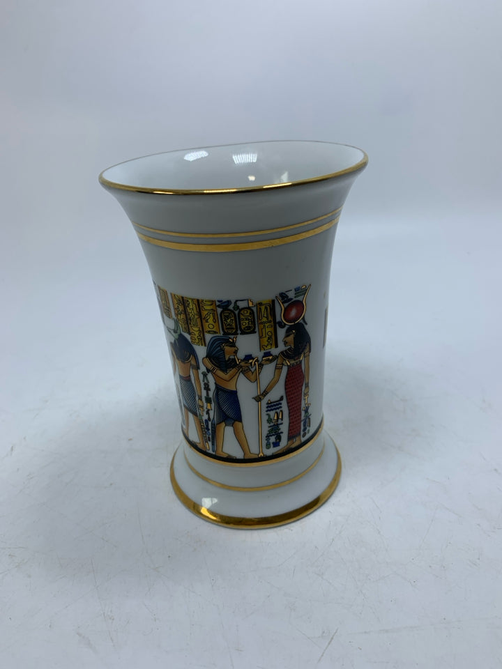 SHEENI EGYPTIAN FINE PORCELAIN GOLD RIM PHARAOH CLEOPATRA VASE.