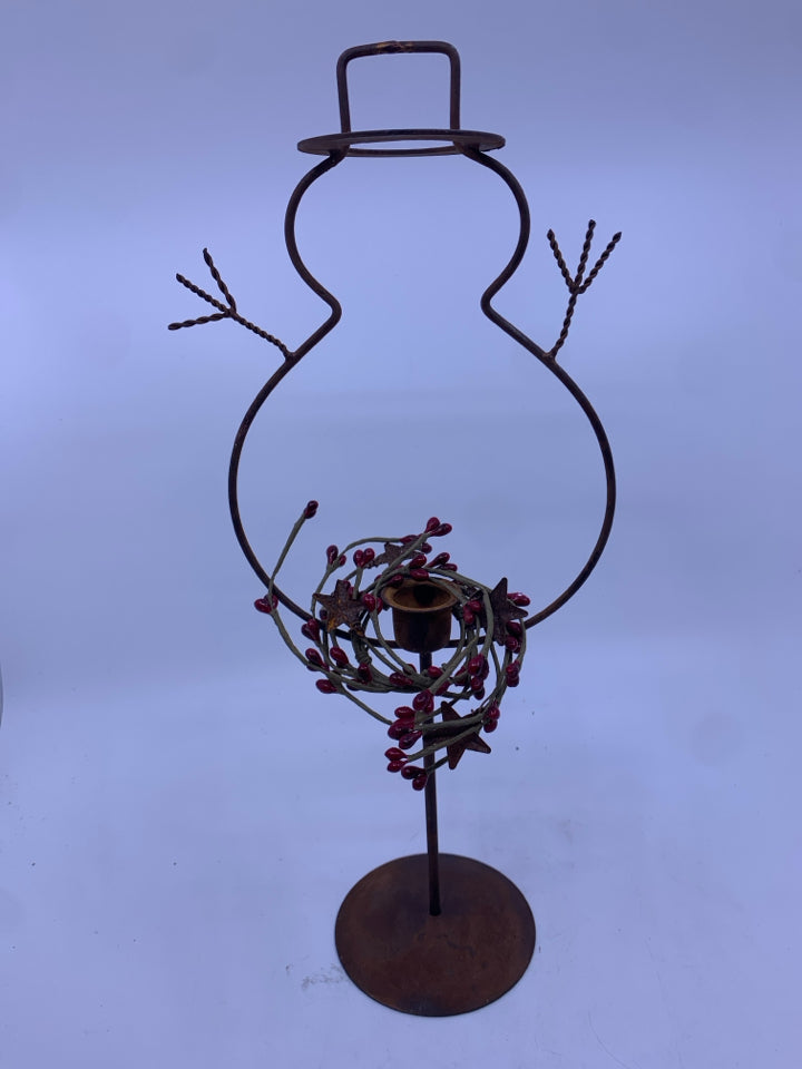 PRIMITIVE METAL SNOWMAN TAPER CANDLE HOLDER.