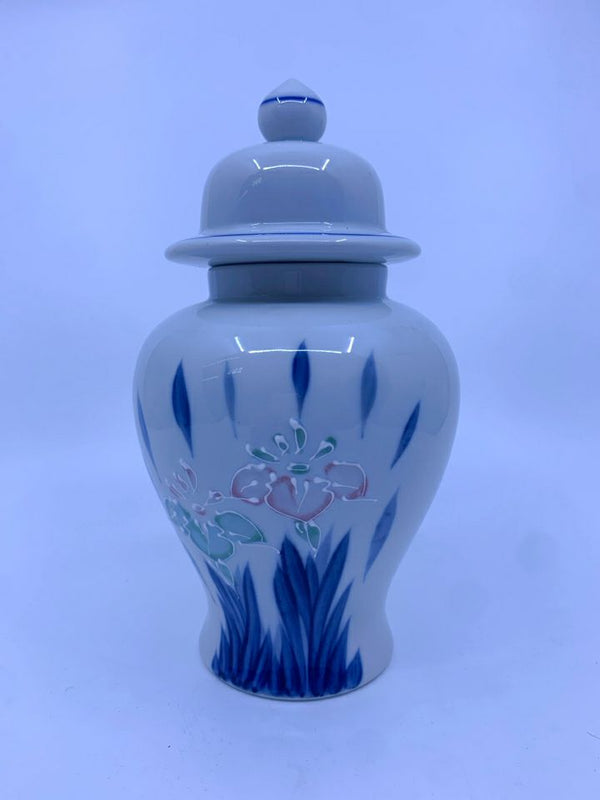 BLUE AND WHITE W PINK FLORAL GINGER JAR.