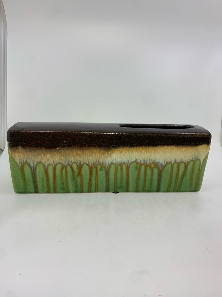 GREEN/BROWN DRIP GLAZE RECTANGLE PLANTER VASE.
