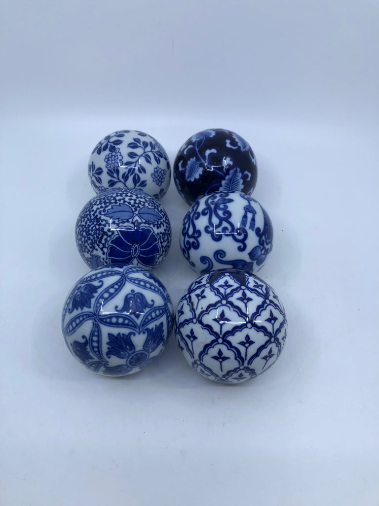 6 DECORATIVE BLUE & WHITE BALLS-ASSORTED DESIGNS.