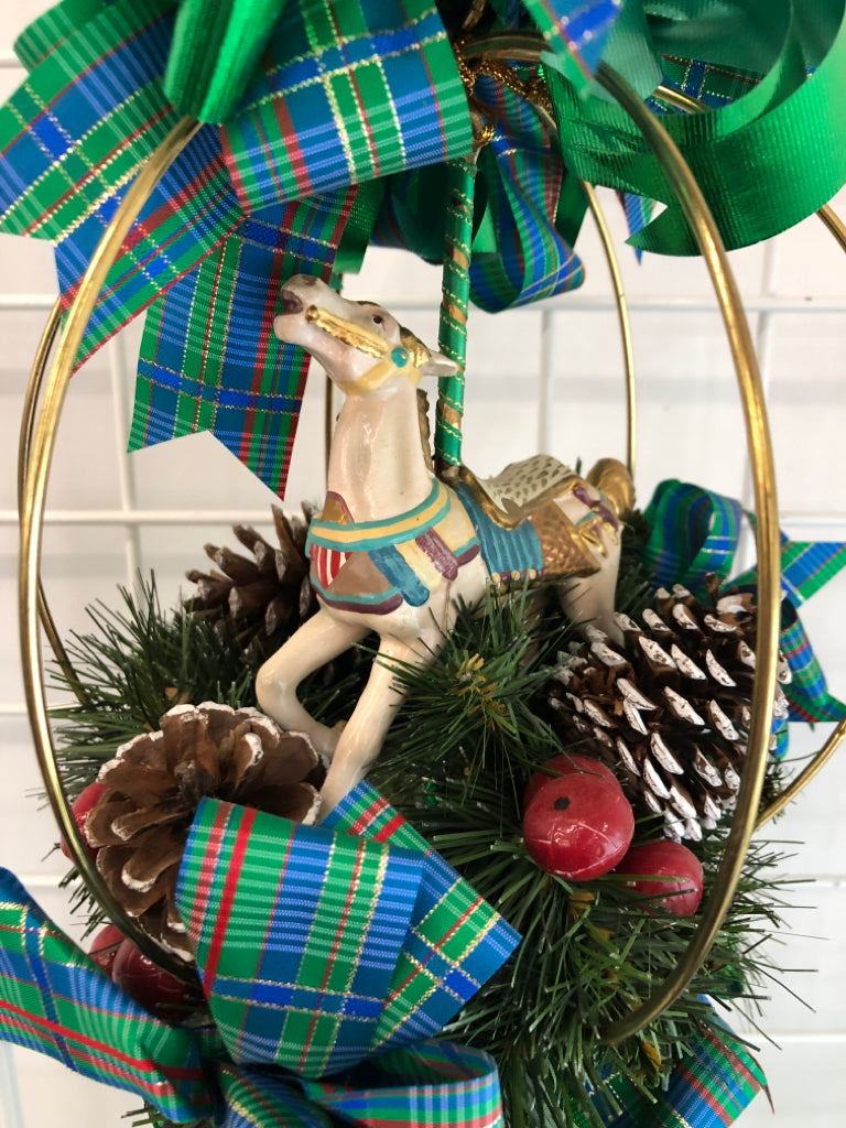 BRASS HOOP CAROUSEL HORSE FLORAL ARRANGEMENT DOOR HANGER.