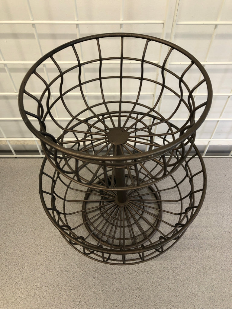 2-TIER CURVED GRAY METAL FRUIT BASKET.