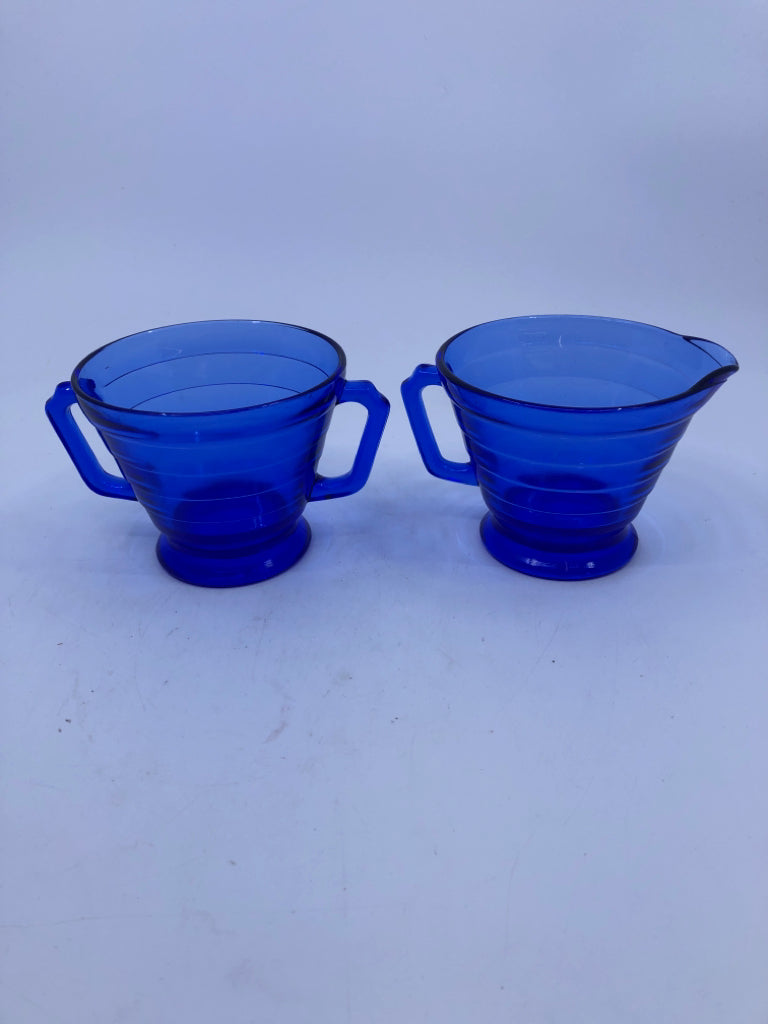 VTG COBALT BLUE DEPRESSION GLASS SUGAR BOWL & CREAMER.